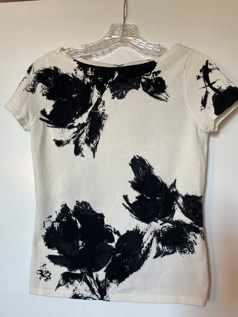 White House Black Market White Short Sleeve Knit Top with Black Floral Prints